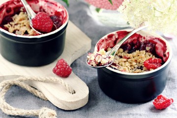 Berry crumble. Clean-eating gluten free dessert . Superfoods concept.