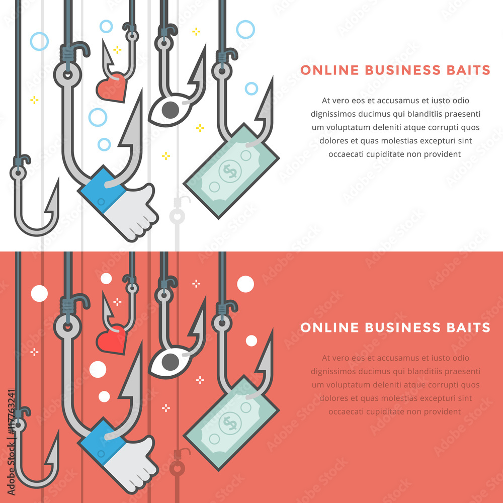 Poster flat line vector banner about online business baits for web development. pictogram pack business con