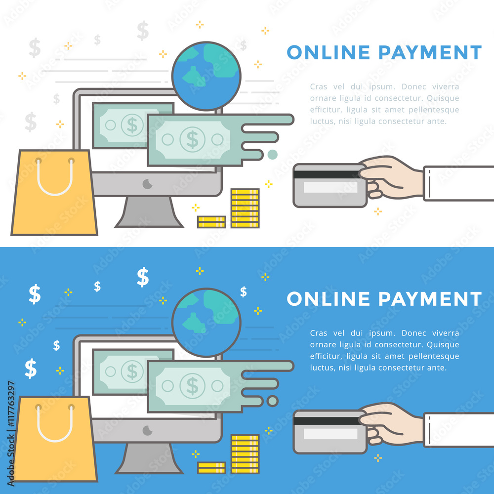 Poster flat line vector banner about payment online for web development. pictogram pack vector logo concept