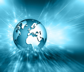 Best Internet Concept of global business. Globe, glowing lines on technological background. Electronics, Wi-Fi, rays, symbols Internet, television, mobile and satellite communicationsblue blur