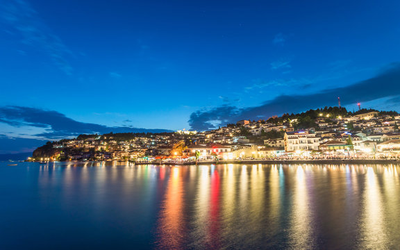 Panorama of the old town Ohrid during night - Macedonia
