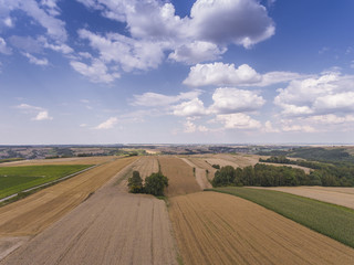 Fototapeta na wymiar Aerial view of the blue sky and village harvest fields at summer