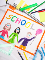 Colorful drawing with word "school" and school accessories