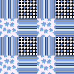 Fototapeta premium Seamless pattern with maple leaves and geometric ornament. Vector illustration in blue tones.