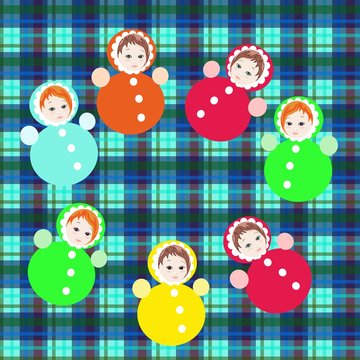 Bright colorful roly-poly toys on checkered background. Childish vector illustration.