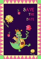Save the date. Cute greeting or invitation card. Happy dragon with beautiful flowers. Vector illustration.