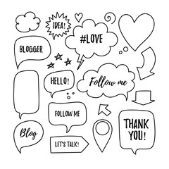 Vector speech bubbles with phrases Blogger, Blog, Love, follow me, Idea, Hello, Lets's talk, Thank you. Hand drawn blog labels, social media icons set.