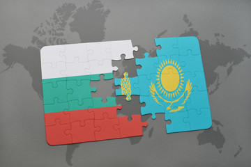 puzzle with the national flag of bulgaria and kazakhstan on a world map background.