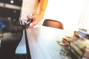 Medicine doctor hand holding modern digital tablet computer and