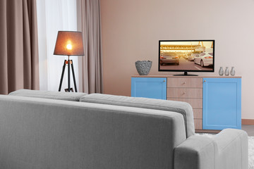 Modern living room with couch and TV.