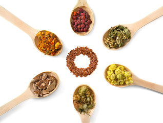 Natural flower and herb selection in wooden spoons