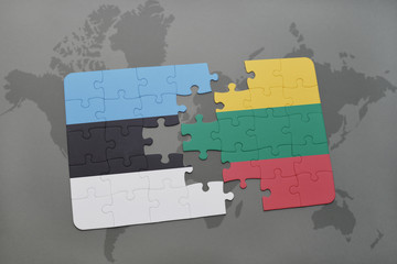 puzzle with the national flag of estonia and lithuania on a world map background.