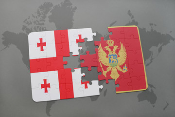 puzzle with the national flag of georgia and montenegro on a world map background.