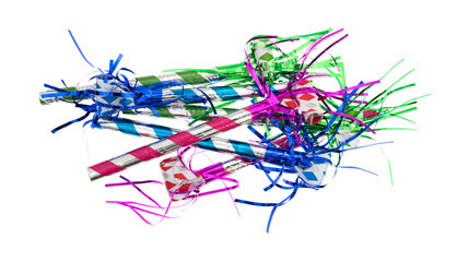 Party blower noisemakers on a white background