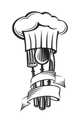 monochrome illustrations of knife, fork, spoon and hat