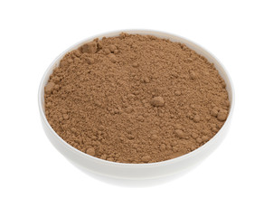 Devil's food cake mix in a bowl on a white background.