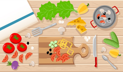 Cooking Concept. Web Banners or Promotional Materials Illustration in Flat Design Style cooking a vegetarian meal,