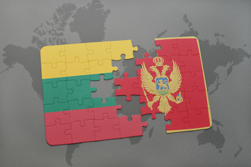 puzzle with the national flag of lithuania and montenegro on a world map background.