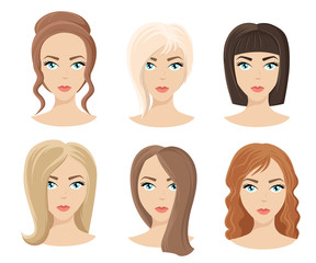 Different colors shades and types of hair. Set of different girl's hairstyle for curly wavy short medium. Hairdresser a new hairstyle new style