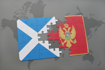 puzzle with the national flag of scotland and montenegro on a world map background.