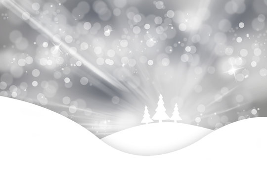 Silver colored sky with abstract bokeh and sparkle, Christmas and New Years Holiday winter landscape scene with xmas trees on hill. Illustration greeting card background.