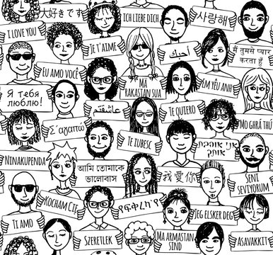 Seamless pattern of a group of hand drawn people holding "I love you" signs in different languages
