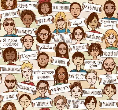Seamless pattern of a group of hand drawn people holding "I love you" signs in different languages