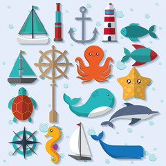 Fototapeta premium Sea animal and lifestyle design represented by cartoon icon set. Colorfull and flat illustration. 
