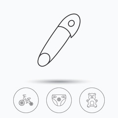 Bear toy, diapers and first bike icons.