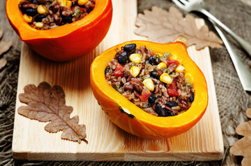black beans corn white and red rice stuffed pumpkin