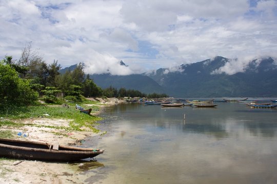 Anchorage with shoreline (beach) in central Vietnam, Hai Van Pass.