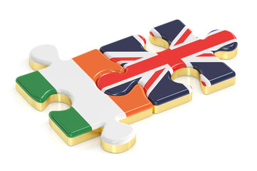 Ireland and UK puzzles from flags, relation concept. 3D renderin