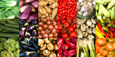 Collage of green vegetables like asparagus, lettuce, cucumber and peppers