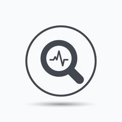 Heartbeat in magnifier icon. Cardiology symbol.