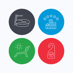 Hotel, swimming pool and beach deck chair icons.