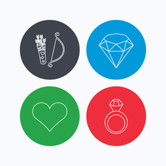Love heart, brilliant and engagement ring icons.