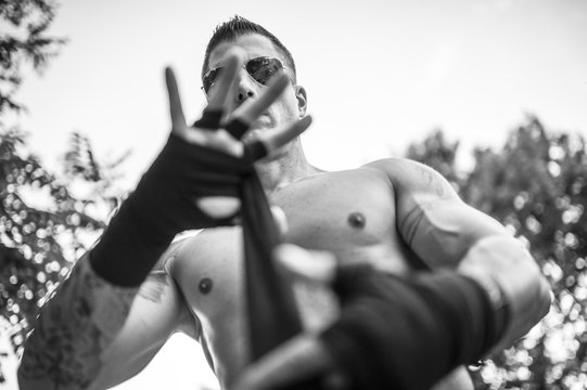 Portrait of a Male Boxer Training Outdoor