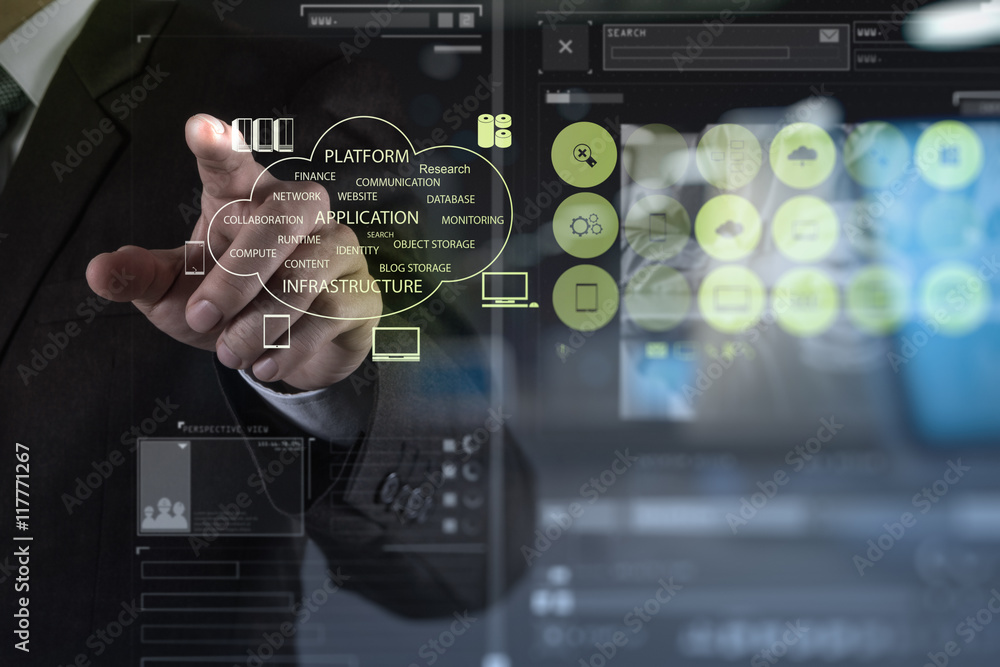 Poster double exposure of businessman working with a cloud computing di