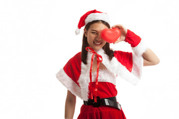 Asian Christmas Santa Claus girl with red heart.
