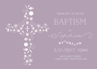 Baptism Invite Card Template with Cross and Flowers - Purple and White