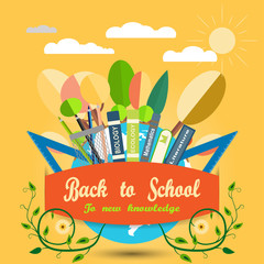 Vector illustration of poster Back to school on the yellow background with sun and clouds.