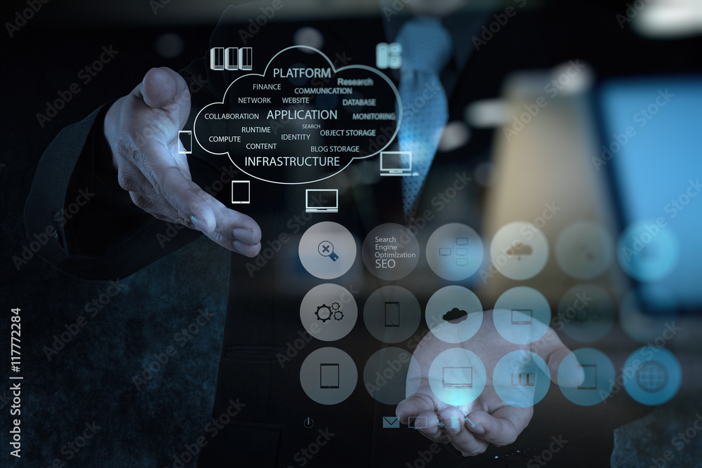 Poster double exposure of businessman working with a cloud computing di