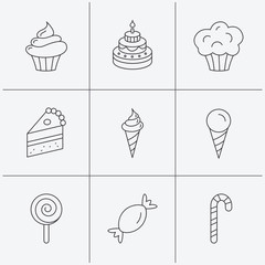 Cake, candy and muffin icons. Cupcake sign.