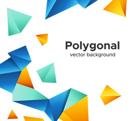 Colorful vector background with vibrant blue-orange polygonal crystal shapes frame isolated on white background. Premium low poly geometric banner design concept