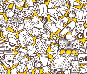 Graffiti seamless pattern with urban lifestyle line icons. Crazy doodle abstract vector background. Trendy outline style collage with bizarre street art elements. Adult coloring book design template