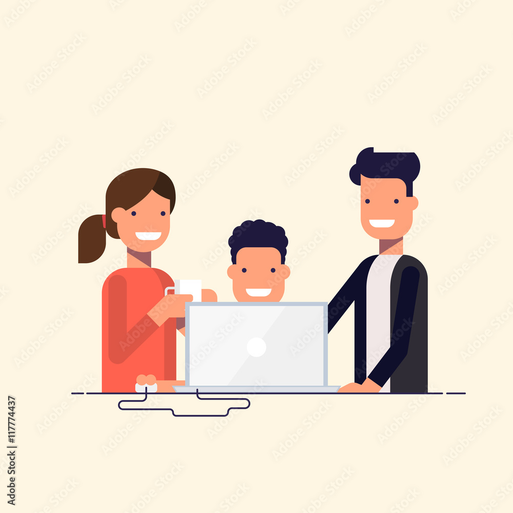 Poster business team in a work process or parent watch the child. man sitting at a computer surrounded by e