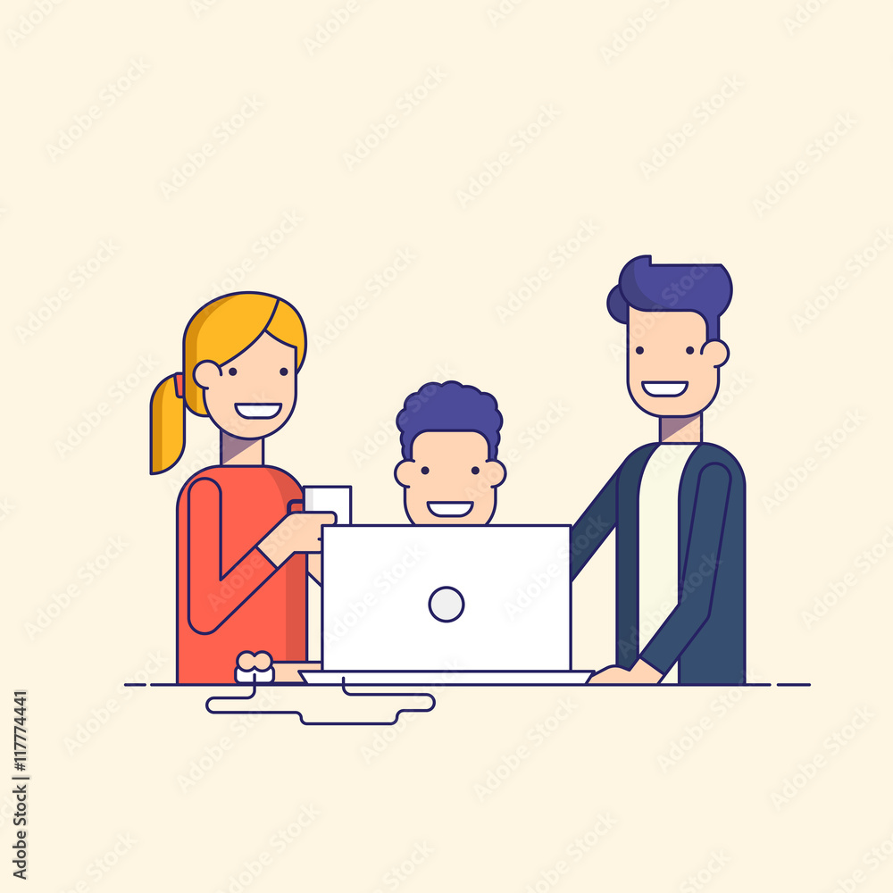 Poster business team in a work process or parent watch the child. man sitting at a computer surrounded by e