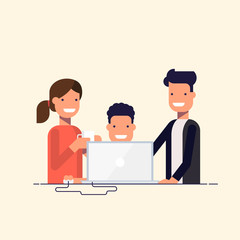 Business team in a work process or parent watch the child. Man sitting at a computer surrounded by employees. Team problem solving. A man in a business suit and woman drinking coffee. Cartoon flat