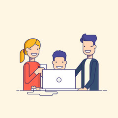 Business team in a work process or parent watch the child. Man sitting at a computer surrounded by employees. Team problem solving. Man in a business suit and woman drinking coffee. Thin line vector