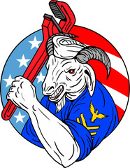 Navy Goat Holding Pipe Wrench USA Flag Circle Retro